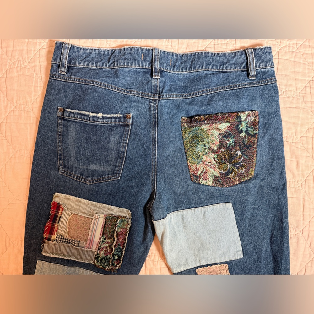 Free People Patchwork Plaid Tapestry Distressed Blue Jeans Boho Frayed Grunge - Picture 5 of 9